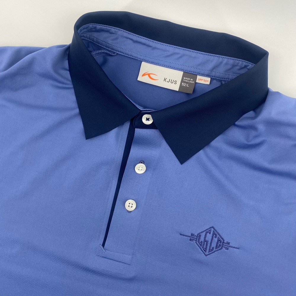 KJUS Golf Polo Mens Large Blue Short Sleeve‎ UPF 50+ Performance Floridians Logo